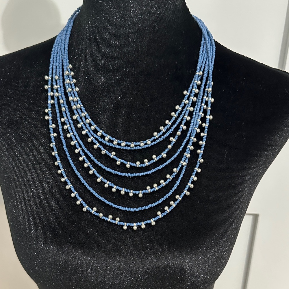 Elegant Blue Beaded Necklace with Silver Accents